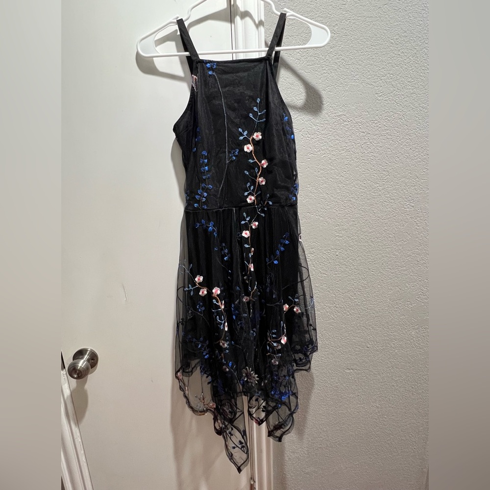 Miss Behave Girls black dress with floral embroidered design